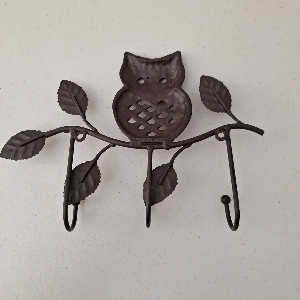 Vintage Cast Iron Bronze Finish Hollow Eye Owl Wall Mount 3 Hook Hanger 10